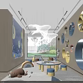 Kindergarten Interior With Circular Storage Blue Yellow Decor Cloud Pendant Lights And Colorful Tables