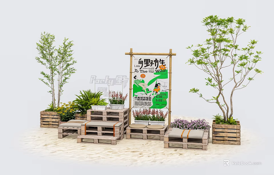 Outdoor Landscape Seats With Wooden Pallet Design Green Plants And Trees Around 3d model 