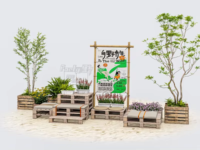 Outdoor Landscape Seats With Wooden Pallet Design Green Plants And Trees Around 3d model