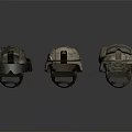 Three Tactical Military Helmets With Camouflage Patterns And Protective Visors