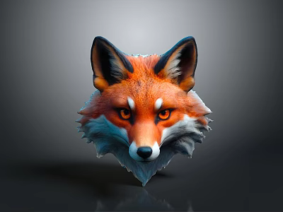 3D Rendered Fox Head Character With Vibrant Orange Blue Fur And Yellow Eyes 3d model