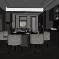 Modern Restaurant With Round Dining Table Gray Chairs Marble Accent Wall And Natural Light
