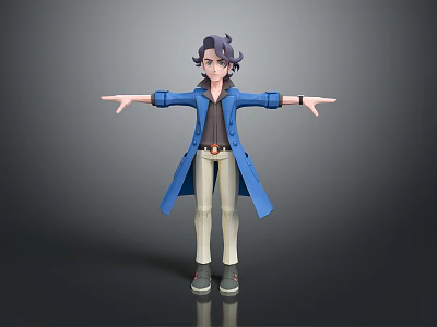 3D Model Character With Purple Hair Blue Coat Brown Shirt Beige Pants And Gray Shoes 3d model