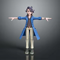 3D Model Character With Purple Hair Blue Coat Brown Shirt Beige Pants And Gray Shoes