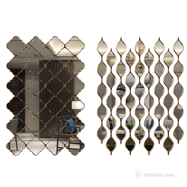 Decorative Mirrors with Geometric Patterns and Metal Frames for Interior Wall Design 3d model