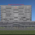Modern High Rise Hospital Building Glass Facade Front Entrance Lawn Trees Red Cross Logo