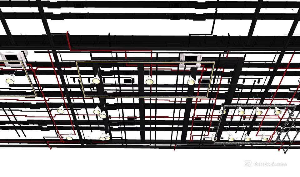 Ceiling Mounted Piping System Featuring Black And Red Pipes With Lighting Fixtures 3d model