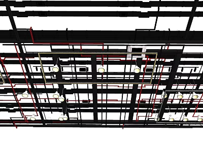 Ceiling Mounted Piping System Featuring Black And Red Pipes With Lighting Fixtures 3d model