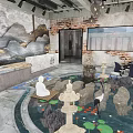 Modern Hotel Lobby Featuring Mountain Landscape Wall Reception Desk And Water Feature With Cranes