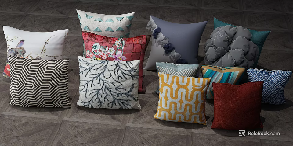 Colorful Decorative Throw Pillows Featuring Geometric Floral And Striped Patterns 3d model