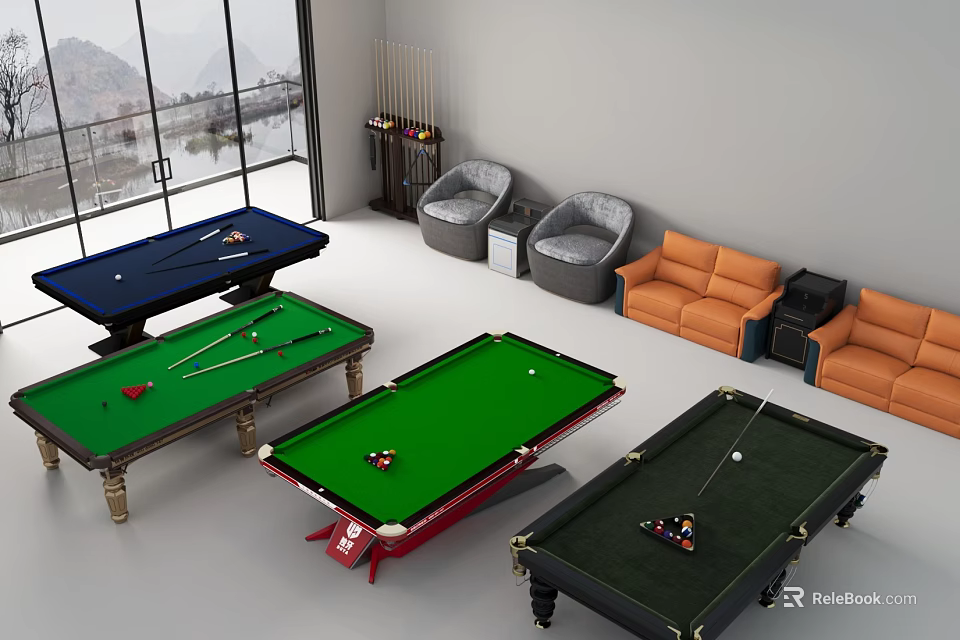 Spacious Billiard Room With Multiple Colored Pool Tables Sofas Bean Bags And Mountain View 3d model 