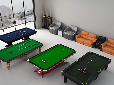 Spacious Billiard Room With Multiple Colored Pool Tables Sofas Bean Bags And Mountain View 3d model