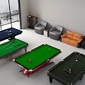 Spacious Billiard Room With Multiple Colored Pool Tables Sofas Bean Bags And Mountain View