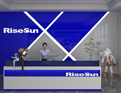 RiseSun Storefront Reception with Blue White Counter Blue X Wall Staff Plush Toys Green Plant 3d model
