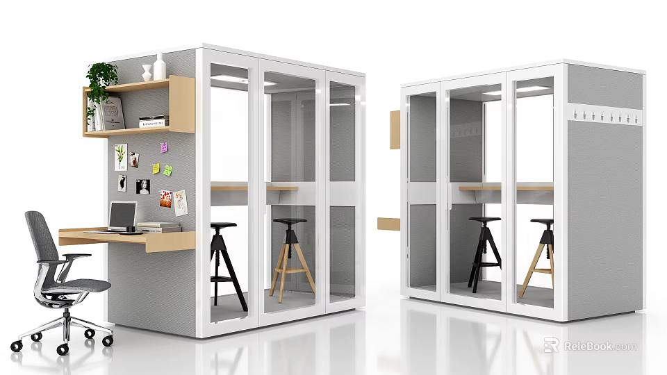 Modern Office Cubicles With Glass Partitions Desks Stools Green Plants And Wall Decor 3d model 