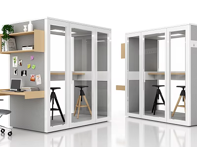 Modern Office Cubicles With Glass Partitions Desks Stools Green Plants And Wall Decor 3d model