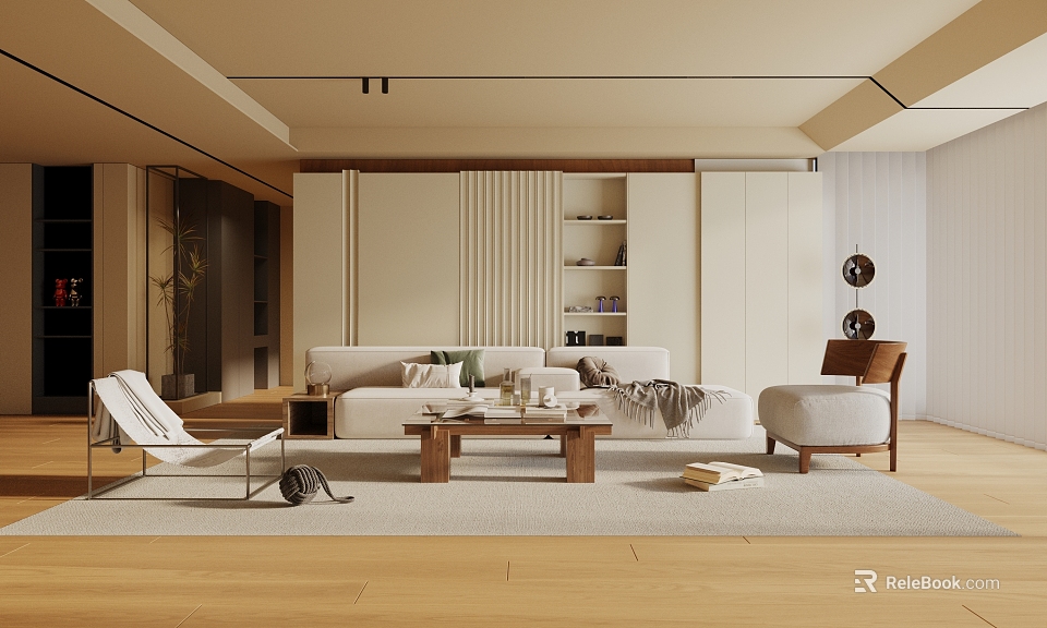 Cozy Modern Living Room Interior With Sofa Coffee Table Armchair And Wooden Floor Rug 3d model 