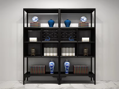 Black Antique Display Cabinet with Blue and White Vases Books and Decorative Items 3d model