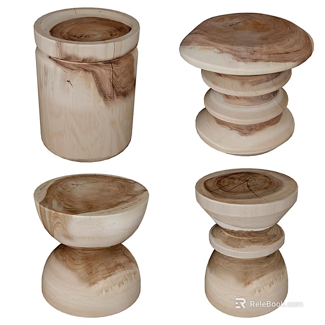 Wooden Stools In Various Designs With Cylindrical Bodies And Layered Base Structures 3d model 