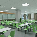 Bright School Dining Hall Interior With Green Chairs And White Tables 3d model