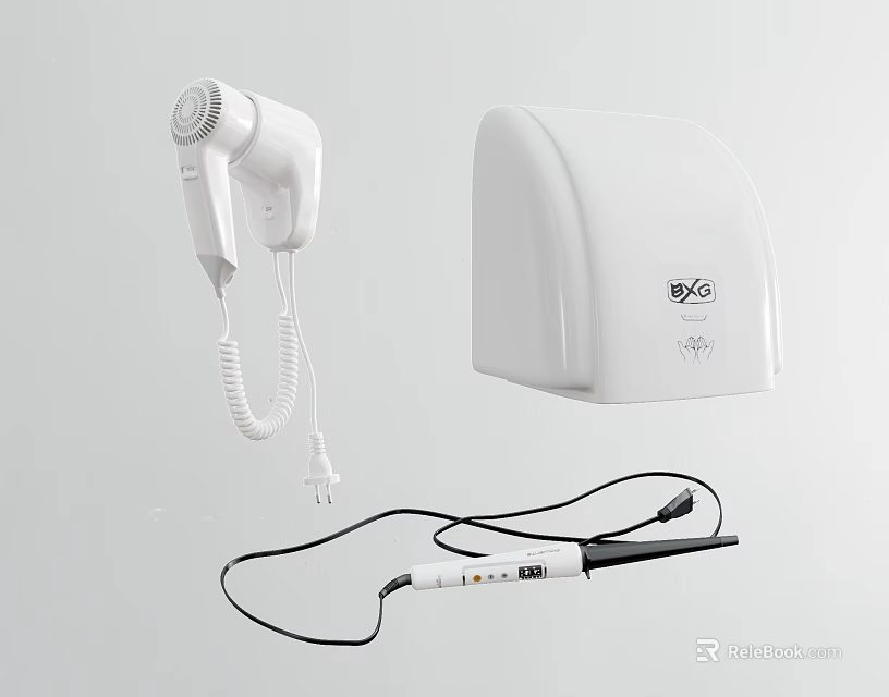 Essential Bathroom Accessories With White Hand Dryer Towel Dispenser And Hair Straightener 3d model 