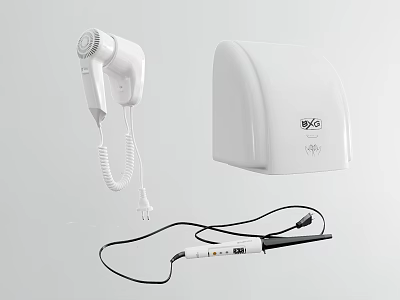 Essential Bathroom Accessories With White Hand Dryer Towel Dispenser And Hair Straightener 3d model