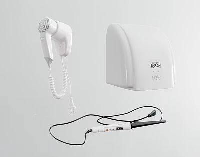 Essential Bathroom Accessories With White Hand Dryer Towel Dispenser And Hair Straightener 3d model