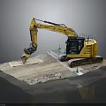 Yellow Crawler Excavator With Digging Bucket On Platform Surrounded By Green Cones 3d model