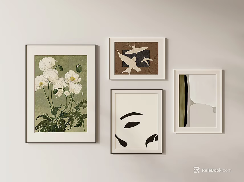 Abstract Painting Wall Decor With Flower Bird Artwork And Geometric Design 3d model 