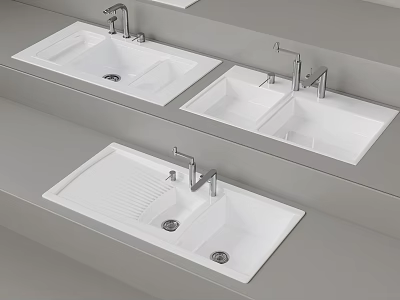 Three Modern White Sinks With Sleek Faucets On Gray Bathroom Countertops 3d model