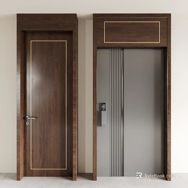 Security Door With Wood Grain Frame Golden Trim And Silver Panel Electronic Lock 3d model 