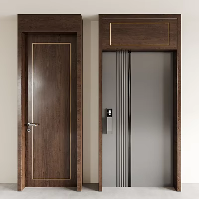 Security Door With Wood Grain Frame Golden Trim And Silver Panel Electronic Lock 3d model
