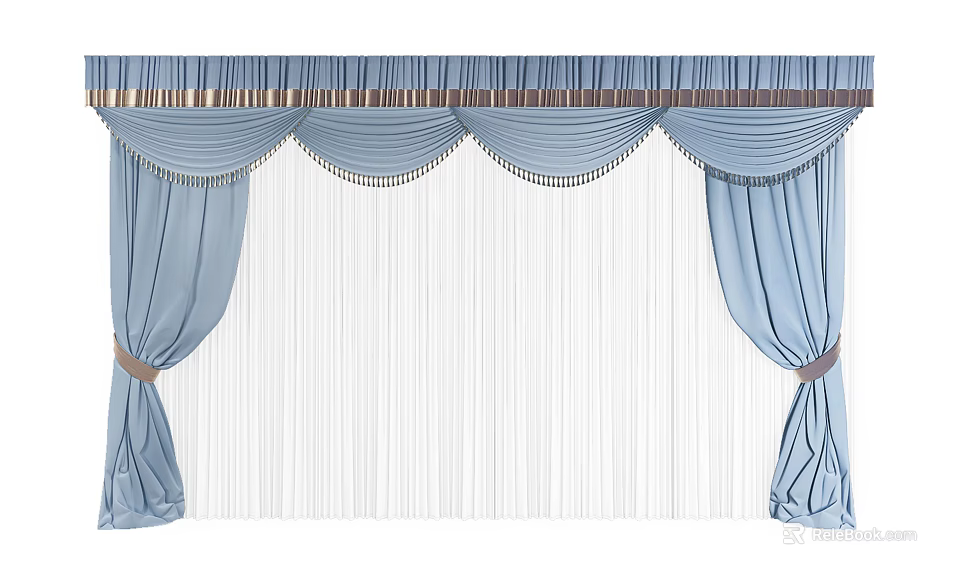 Blue Pleated Curtains With Decorative Valance And Sheer Layer Design 3d model