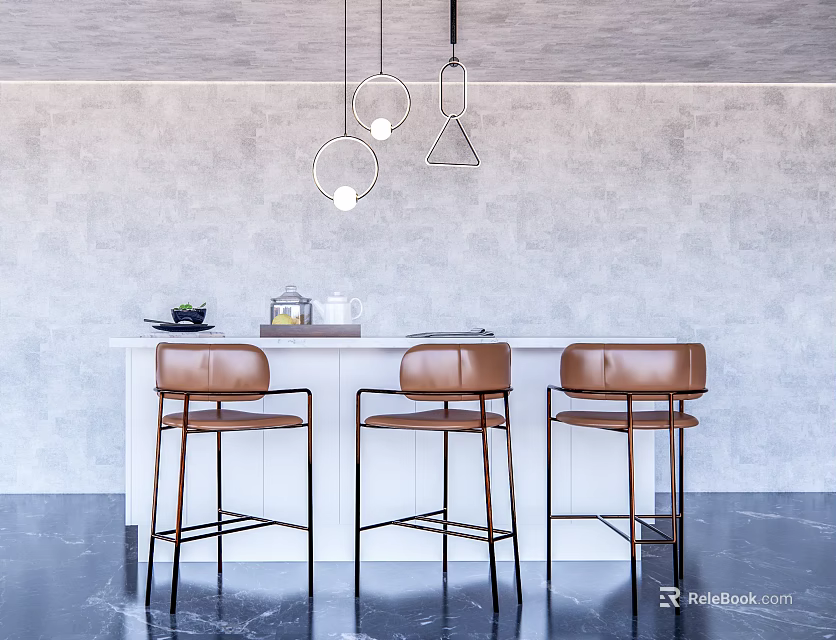 Modern Bar Counter Interior With Three Brown Leather Bar Stools And Hanging Pendant Lights 3d model 