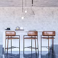 Modern Bar Counter Interior With Three Brown Leather Bar Stools And Hanging Pendant Lights