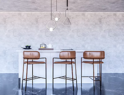 Modern Bar Counter Interior With Three Brown Leather Bar Stools And Hanging Pendant Lights 3d model