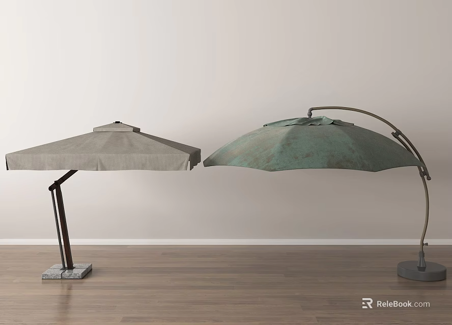 Two Different Colored Patio Umbrella with Curved Stand and Square Round Base 3d model 