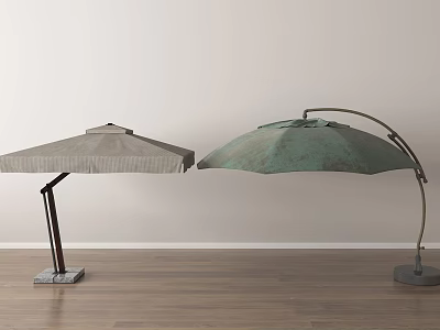 Two Different Colored Patio Umbrella with Curved Stand and Square Round Base 3d model