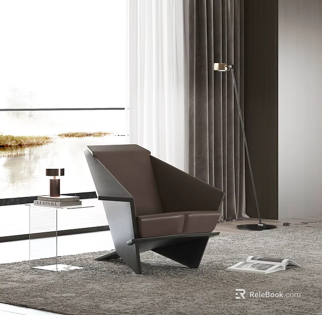 Modern Brown Single Sofa With Floor Lamp Side Table And Scenic Window View On Rug 3d model