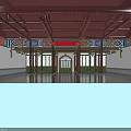 Traditional Chinese Architecture Interior With Wooden Beams Colorful Paintings Red Banner And Green Windows