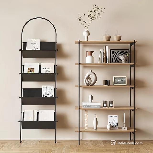 Modern Bookshelf With Wooden Shelves Metal Frame Books Photo Frames And Decorative Vases 3d model 
