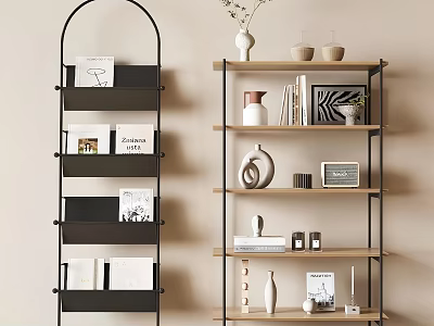 Modern Bookshelf With Wooden Shelves Metal Frame Books Photo Frames And Decorative Vases 3d model