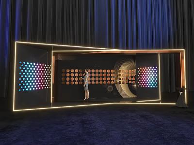 Illuminated Event Check-in Area With Lighted Panels And Person Standing 3d model