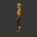 Man Standing Wearing Yellow Hard Hat Orange Shirt Gray Pants Knee Pads And Tool Belt