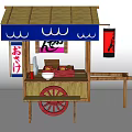 Traditional Japanese Food Cart With Bamboo Structure Blue Awning Japanese Signs And Red Wheels