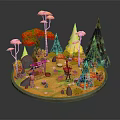 Vibrant Fairy Tale Forest Scene With Colorful Trees Mushroom Decorations Little Figures Tables And Chairs