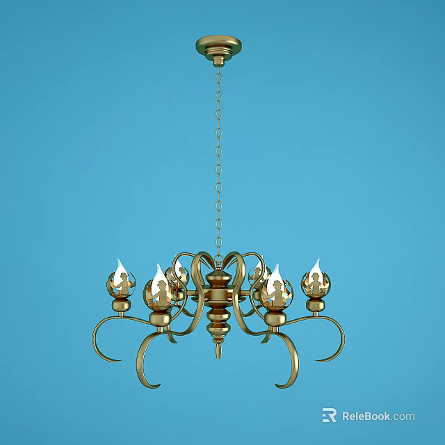 Gold Candle Style Chandelier With Chain Hanging On Blue Background 3d model 