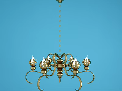 Gold Candle Style Chandelier With Chain Hanging On Blue Background 3d model
