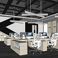 Spacious Modern Public Office Space Design With Desks Computers Ergonomic Chairs And Pendant Lights