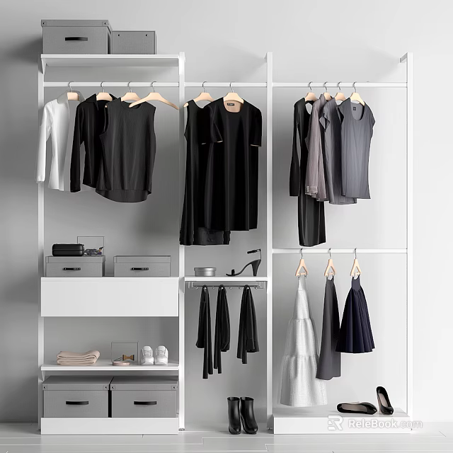 Modern Open Wardrobe Interior Design With Hangers Clothing Storage Drawers And Shoes 3d model 